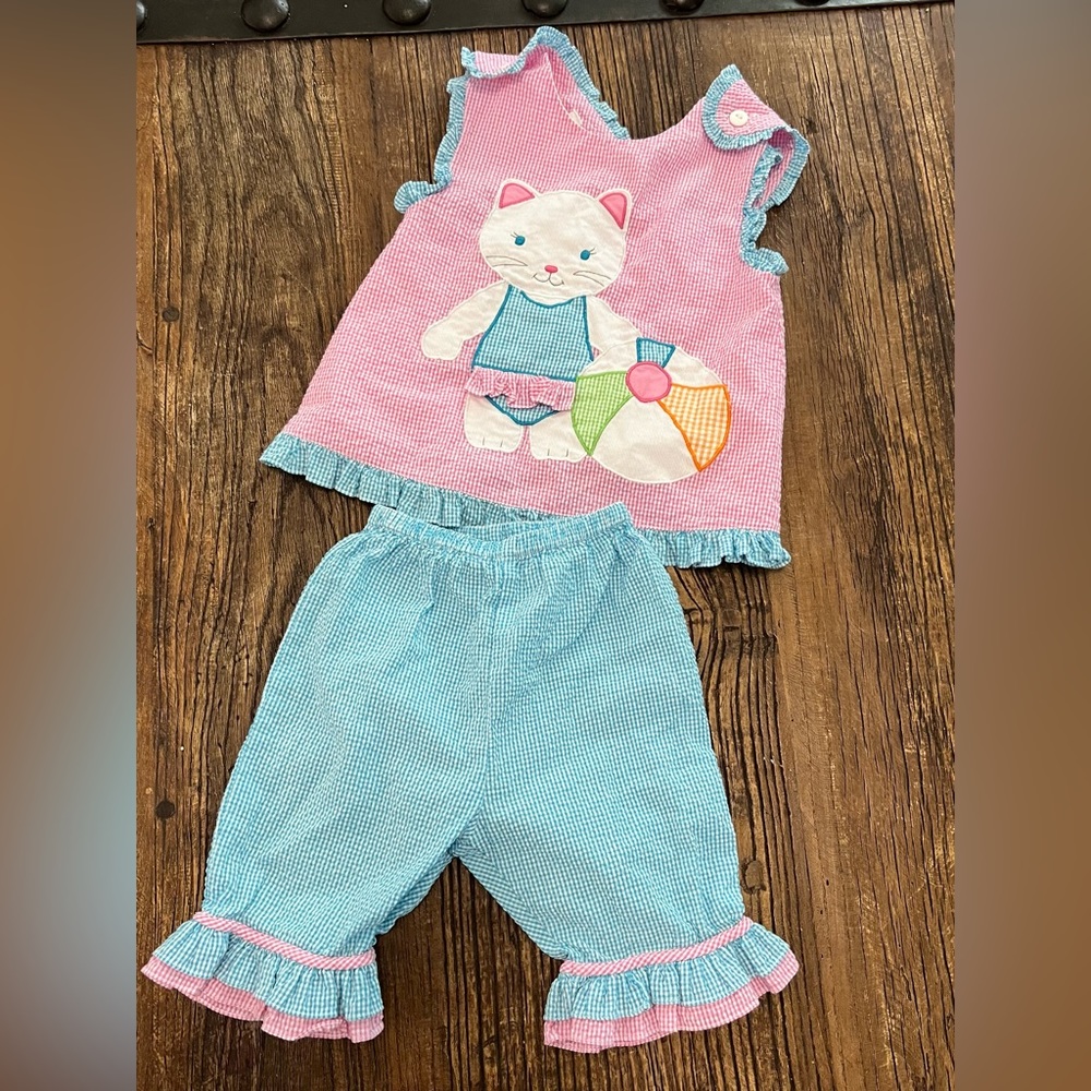 Zubels 2T girls 2 piece gingham appliqué summer cat outfit.
